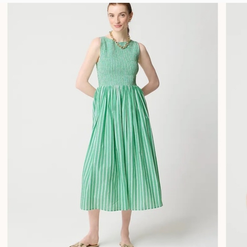 J Crew Factory Smocked boatneck midi dress CK672 NWT Size M Green